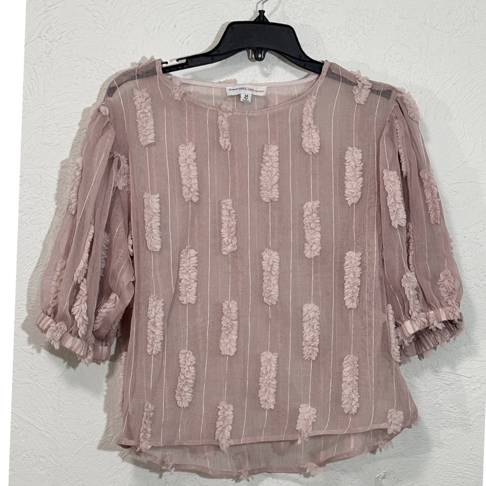 Yuni LA - Blouse Women Medium Pink Sheer Eyelash Textured Puff Sleeve